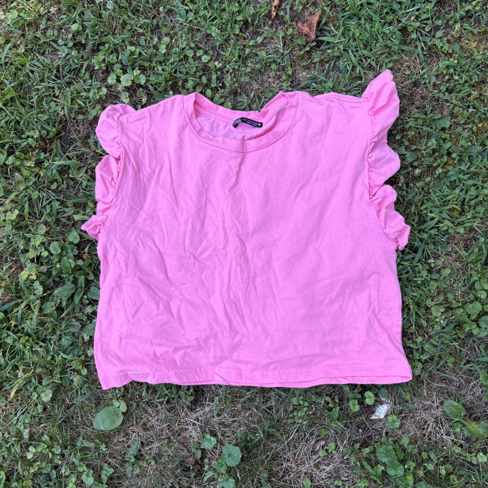 Zara Pink Ruffle Sleeve Crop Top Women's Small‎ Short Sleeve Casual